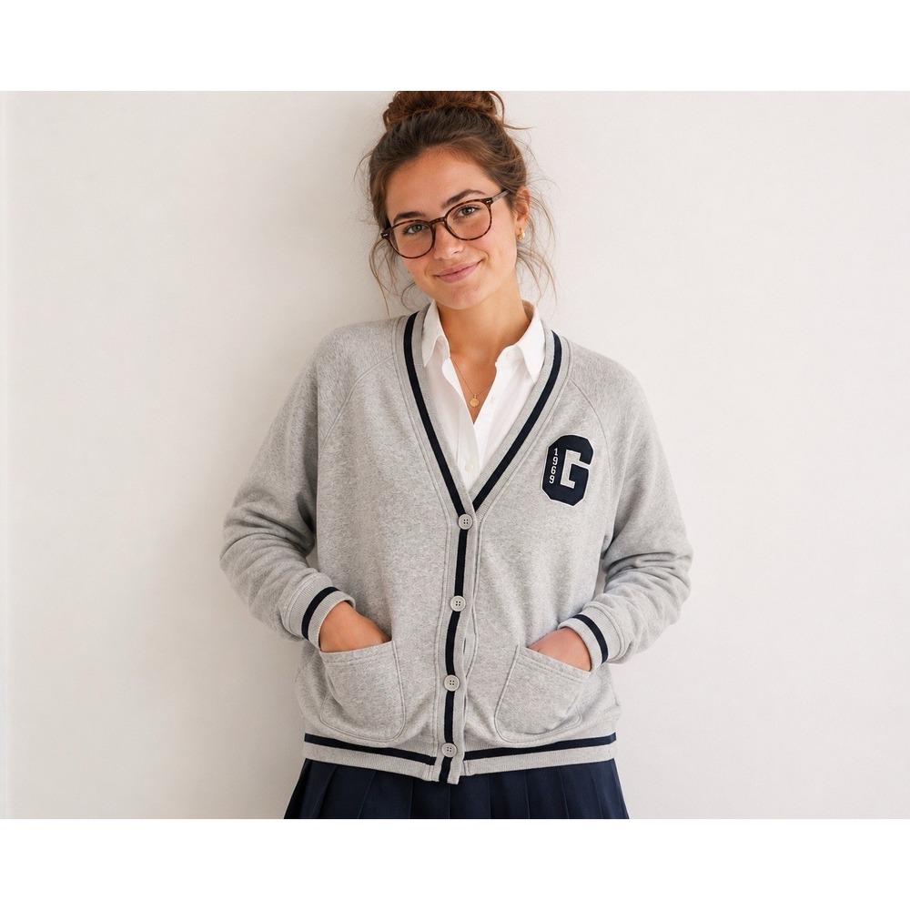 Gap Vintage Oversized Varsity Cardigan Women M Gray Collegiate Preppy Patchwork